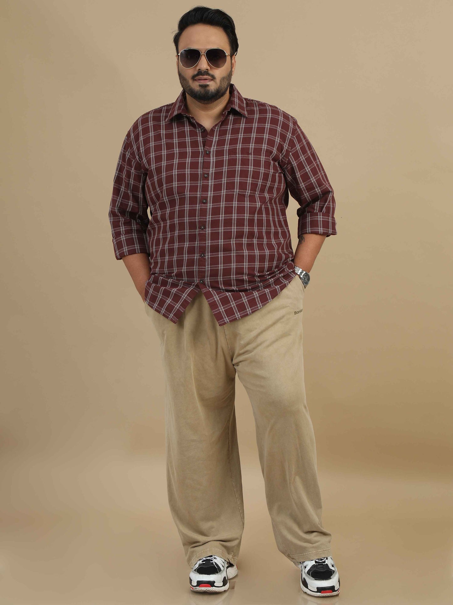 Plus Size Men's Brown Check Shirt